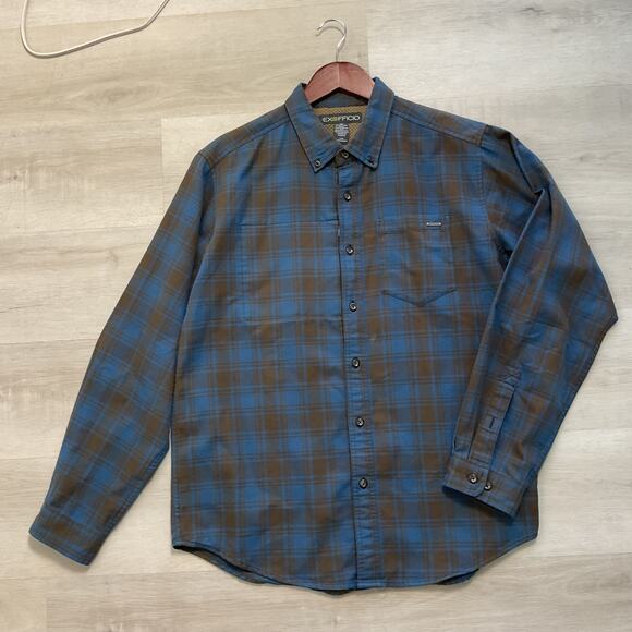 ExOfficio Mens Long Sleeve Blue Plaid Button Up Hidden Pocket Shirt Large - Picture 1 of 15